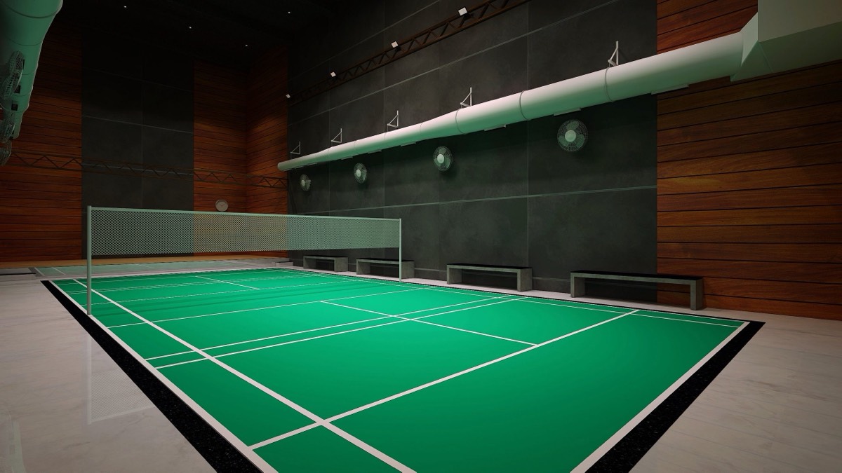 Render of the indoor shuttle court and party hall at Kent Eco Sanctum