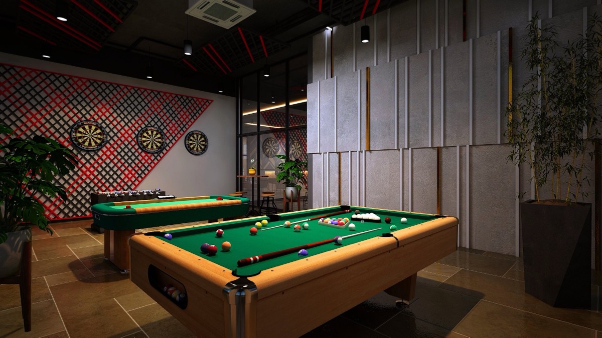 Render of the games room with billiards table at Kent Eco Sanctum