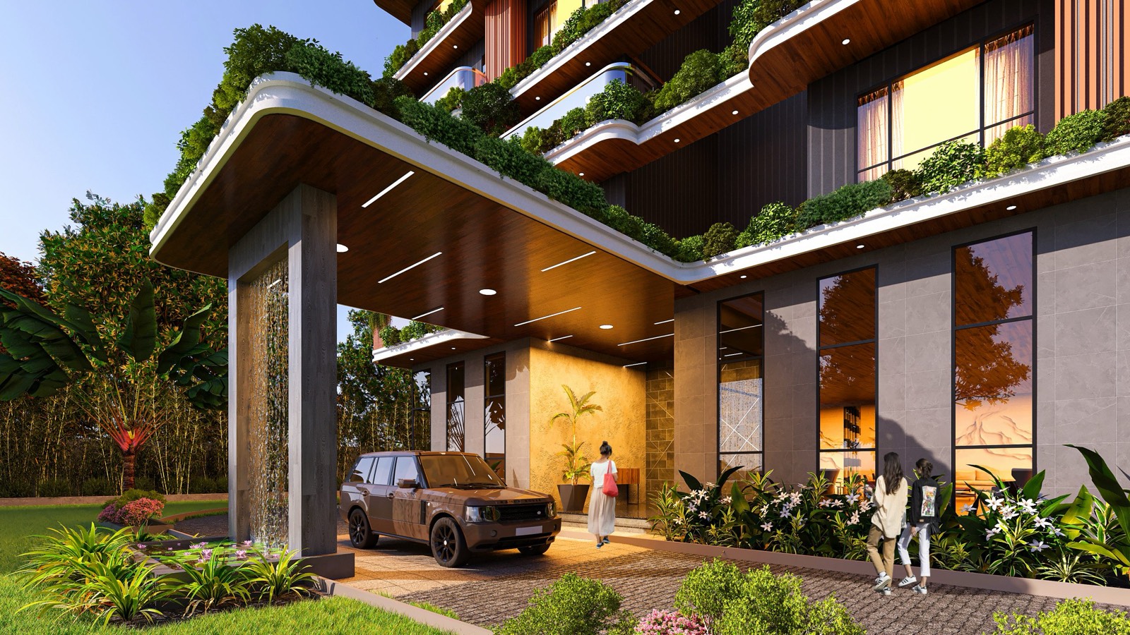 Render of the arrival porch at Kent Eco Sanctum with planted balconies above