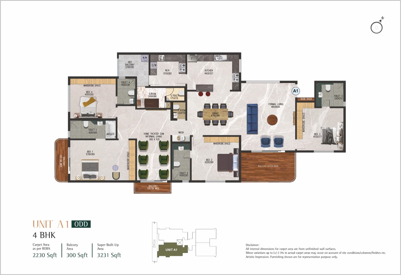 Kent Eco Sanctum 4 BHK floor plan, unit A1, with four en-suite bedrooms, home theatre, formal living and servant's room