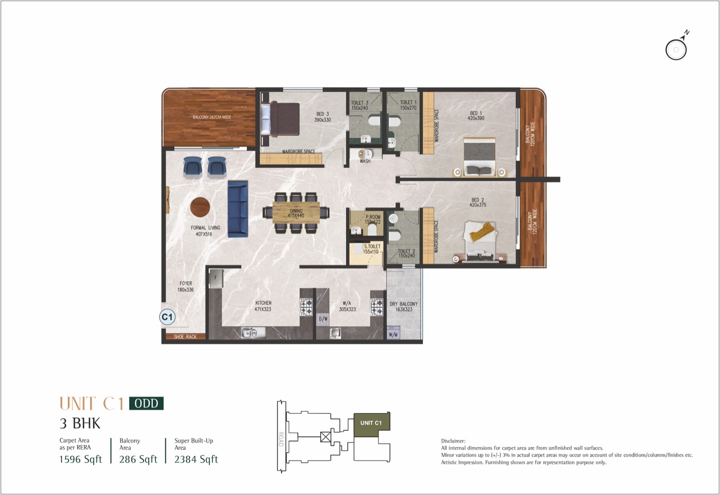 Kent Eco Sanctum 3 BHK floor plan, unit C1, with three en-suite bedrooms, formal living, dining and dry balcony